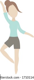Vector flat colored one dancing sportive girl in blue shirt and shorts with brown hair, isolated on white background