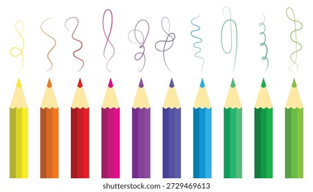 Conjunto de lápices de colores planos de Vector. Papelería escolar para niños. Lápices de madera de colores. Lápices de colores de Vector arcoíris. crayones