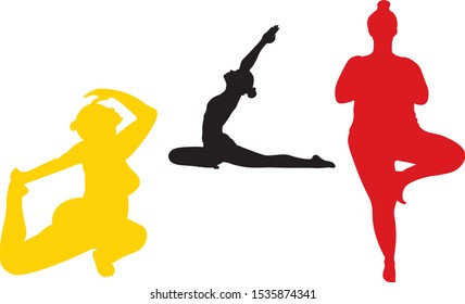 Vector flat colored silhouettes of isolated women. Pregnant woman doing Pigeon pose, another woman standing in Vrksasana and last one Eka Pada Rajakapotasana. Concept of sport, healthy lifestyle