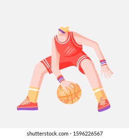 Vector flat colored sketch illustration of professional basketball player, playing with basketball ball in dynamic pose, isolated on white. Modern vector illustration of professional basket ball