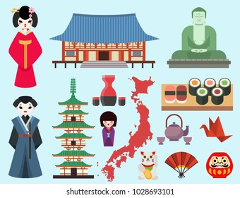 Vector flat colored symbols of Japan travel and asia tourism design packaging fabric traditional fuji oriental architecture art.
