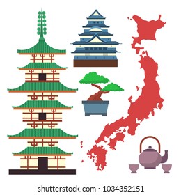 Vector flat colored symbols of Japan travel and asia tourism design packaging fabric traditional fuji oriental architecture art.