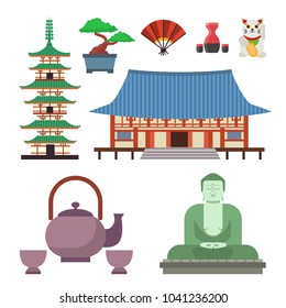Vector flat colored symbols of Japan travel and asia tourism design packaging fabric traditional fuji oriental architecture art.