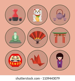 Vector flat colored symbols of Japan travel and asia tourism design packaging fabric traditional fuji oriental architecture art.