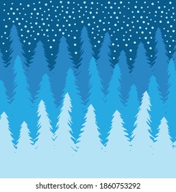 Vector flat colored winter spruce tree forest with snow isolated on white background