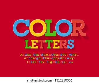 Letras, números y símbolos de los alfabetos de color plano vectorial. Fuente luminosa para promoción infantil, marketing, publicidad