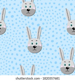 Vector flat colorful animal illustration for kids. Seamless pattern with cute hare face on blue polka dots background. Adorable cartoon character. Design for card, poster, fabric, textile. Rabbit.
