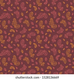 Vector flat colorful autumn leaf seamless pattern template. Red and yellow outline leaves on brown background. Floral design tile for wrapping paper, texture, print, scrapbook