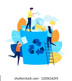 Vector flat colorful creative illustration of business graphics, the employee is engaged in the processing of garbage, protection of the environment, small people are throwing garbage