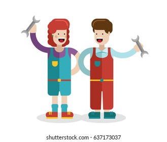 Vector flat colorful funny characters. Man and woman in workers uniform holding repair tools. May be used in info graphic, ad or web designs