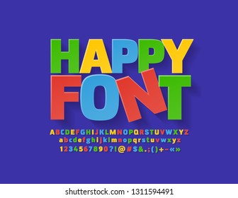 Vector flat colorful Happy Font. Bright Alphabet Letters, Numbers and Symbols for Children