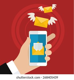 Vector flat colorful icon with fly letter or Short Message Service SMS and Mobile internet on cell phone. Messaging concept