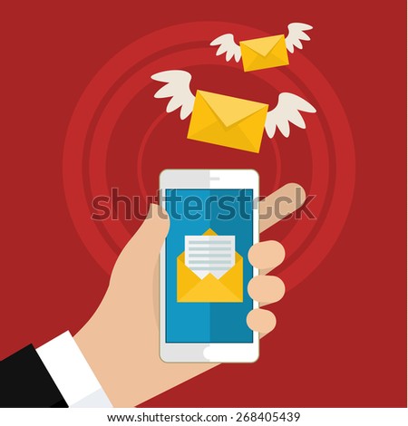 Vector flat colorful icon with fly letter or Short Message Service SMS and Mobile internet on cell phone. Messaging concept
