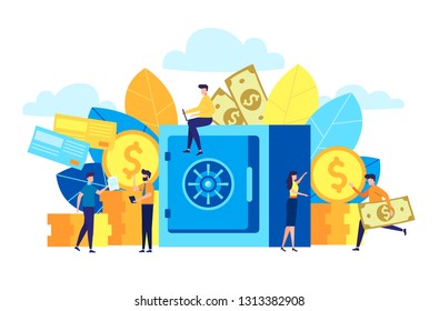 Vector flat colorful illustration, concept of closed bank safe, dollars in a deposit box and a cash bag, safe savings, a money deposit, bank employees, investing money on an account, bank check