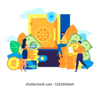 Vector flat colorful illustration, concept of closed bank safe, dollars in a deposit box and a cash bag, safe savings, a money deposit, bank employees, investing money on an account, bank check