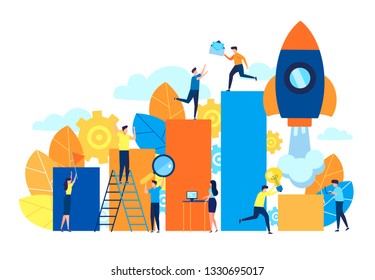 Vector flat colorful illustration, concept of people run to their goal on a column of columns, move up the motivation, the way to achieve the goal, rocket up
