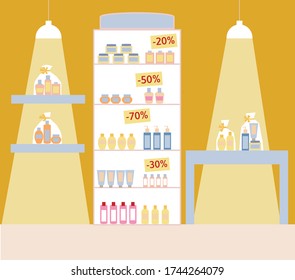 Vector flat colorful illustration of cosmetic shop with various bottles with fragrance, cream, shampoo, lotion, balm on shelf. Showcase of store in mall. Beauty products. Skin  care product selection.