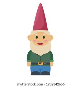 Vector flat colorful illustration of garden gnome. Isolated on white background in cartoon style.