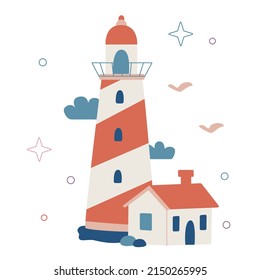 Vector flat colorful illustration isolated on white. Cute lighthouse. 