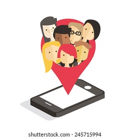 Vector flat colorful illustration with isometric phone and modern people. Social network. Mobile internet
