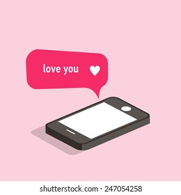 Vector flat colorful illustration with isometric phone and romantic speech bubble with heart. Love you. Mobile internet.