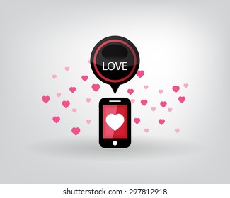 Vector flat colorful illustration with  phone and romantic speech bubble with heart. Love you. Mobile internet.