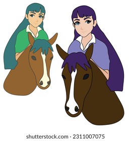 Vector flat colorful illustration ready to print: anime girl horse rders