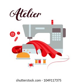 Vector flat colorful illustration of sewing instruments: modern electronic sewing machine, a piece of fabric with soft folds, a pincushion with needles, buttons and threads.  Square banner for Atelier