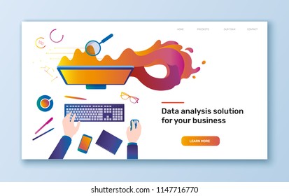 Vector flat colorful illustration of workplace with desktop and man doing data analysis or statistics  - banner, presentation or landing page template