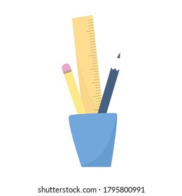 Vector flat colorful illustration, yellow ruler and two pencils, school or office concept, isolated on white background