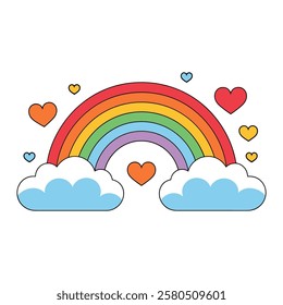 Vector flat colorful rainbow with hearts and clouds on white background