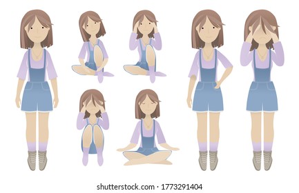 Vector flat colorful set of young girl with different emotions, teenager character. Short hair, violet shirt, blue denim overall, brown boots, standing straight. Isolated on white background