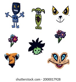 Vector flat colorful simple icons set: robot, alien, tiger, troll, flowers and eyes. Ideal material for your stickers
