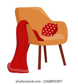 Vector flat comfortable armchair with warm red woolen blanket and pillow. Cozy domestic interior design element isolated on white background