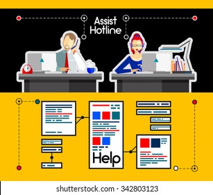 Vector flat composition of interactive help, assistant hotline, call center, communications, telephone, male, female, office workers, contact system, business with simple infographic connected scheme