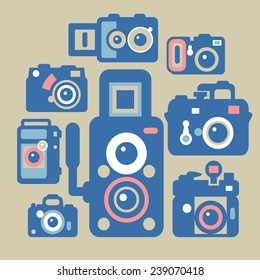 Vector flat composition set of retro cameras.