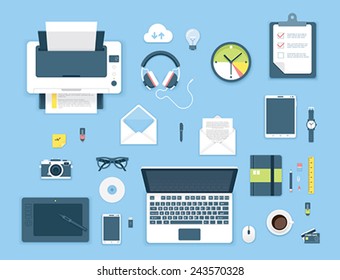 Vector flat computer related objects on the office table icon set