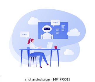 Vector flat computer science character illustration. Woman scientist talk with ai on screen. Concept of artificial intelligence, big data, cloud. Design element for banner, poster, web, flyer