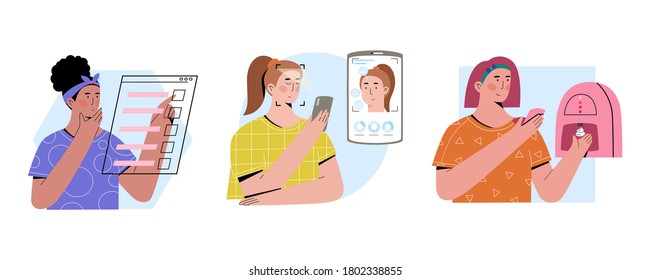 Vector flat concept 3 steps to choose personalized beauty products. Young women fill up quiz, scan her face with mobile app, create custom-made skincare product with a device to address skin concerns.