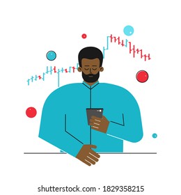 Vector flat concept. African american man is trader working online on stocks exchange. Investor analyzes data on bar chart, decides to buy shares. Mobile app on phone for work on financial markets