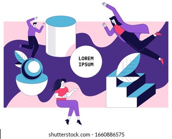 Vector flat concept of business people, work communication, strategy and teamwork. Collaboration and business partnership in companies and offices. Trendy modern geometric shapes and memphis style