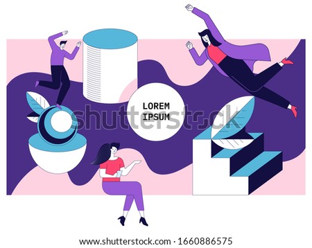 Vector flat concept of business people, work communication, strategy and teamwork. Collaboration and business partnership in companies and offices. Trendy modern geometric shapes and memphis style