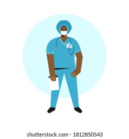El concepto de vectores plano. Caricatura de una doctora afroamericana sostiene notas. La enfermera feliz (chica) está vestida con uniforme médico azul, máscara facial y estetoscopio. Personal hospitalario trabajando en sala de emergencias