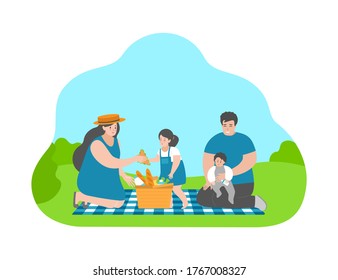 Concepto vectorial plano con familia de dibujos animados. Momentos felices de la infancia. Mamá le da un sándwich lindo a su hija del fondo del picnic. Mi padre se sienta con el bebé en las manos. Vacaciones de verano al aire libre. 