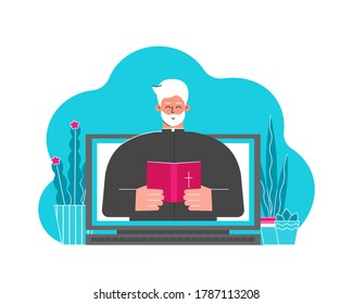 Vector flat concept. Catholic pastor (cartoon character) preaches sermon people staying home. Priest holds Bible. Online conference on laptop. Digital services and apps as part of modern Church Life