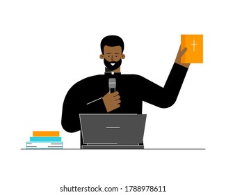 Vector flat concept. Catholic pastor is african american man. He preaches sermon using online conference on laptop. Priest holds Bible. Streaming services and broadcasts as actual lifestyle of church