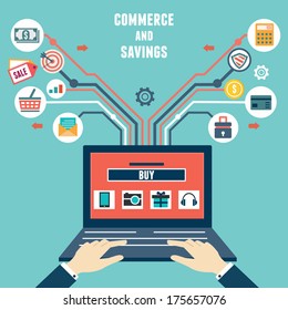 Vector flat concept of commerce and savings. Internet shopping - vector illustration 