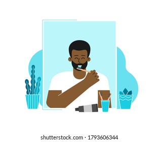 Vector flat concept. Dental daily life illustration. African man's cleaning teeth by bamboo toothbrushes, paste. Guy stands in front of mirror, smiles. Healthy lifestyle. Hygiene for caries prevention