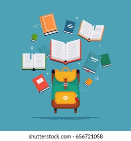 Vector flat concept design on school and education with backpack and books. Abstract studying background