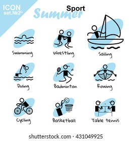 Vector flat concept design. Summer sports icons set, simple line. Swimming, Wrestling, Sailing, Diving, Badminton, Rowing, Cycling, Basketball, Table tennis. Isolated on white background, black, blue